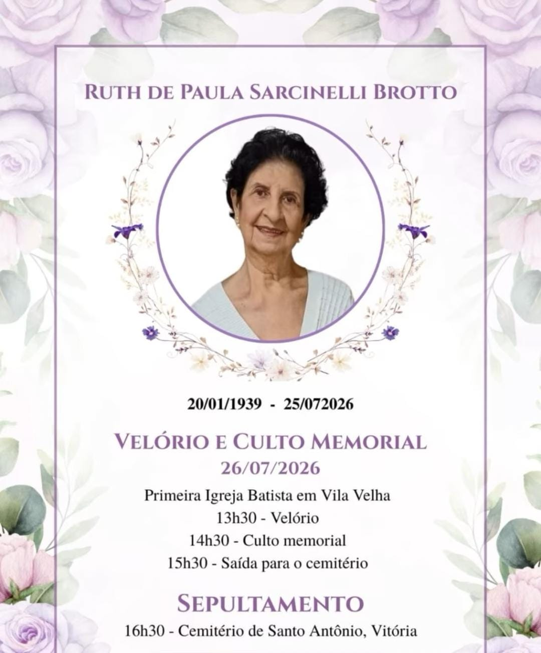 Nota de Falecimento – Ruth de Paula Brotto